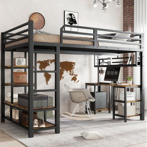 DESVIAE Lit mezzanine enfant avec bureau intégré et étagère 120 x 200 cm noir et noyer foncé métal et bois (1/5)