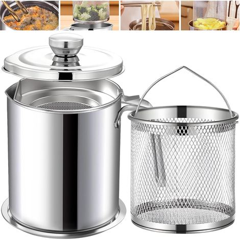 2 in 1 Fat Fryer Container Stainless Steel Grease Bacon with Fine Mesh Filter Frying Basket 2L Oil Pot Grease Box with Lid Plate Tray (1/5)