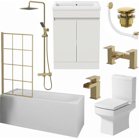 Aquari Complete Bathroom Suite Brass Bath Shower Screen Basin Vanity Taps Toilet 1700 (1/5)