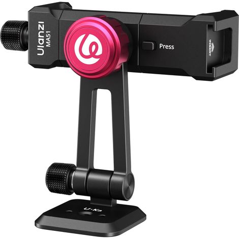MA51 Metall-Smartphone-Stativadapter, Aluminiumhalterung mit Arca-Swiss- und UKW-Basis, 2 Blitzschuhe, 1/4"-Schraubgewinde, 180°- und 360°-Drehung, kompatibel mit iPhone, Samsung und Huawei (1/5)