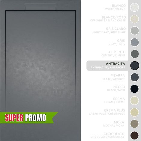 SOULBATH Plato de Ducha Extraplano Antideslizante – Resina Gel Coat - Textura Liso/Piedra – ANTRACITA - 90x90 - Extraplano 3cm - Incluye Válvula desagüe y Rejilla integrada mismo color (1/5)