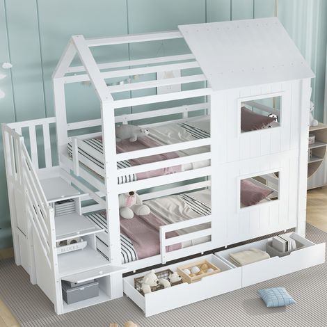 Etagenbett Kinderbett 253x95x218 cm, Treppenschrank, Aufbewahrungsschublade, Massivholz und MDF, Weiß (1/5)
