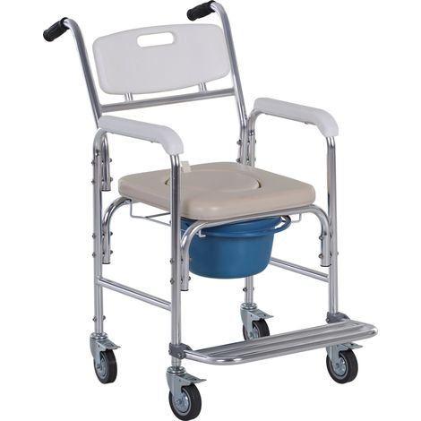 Chaise percée mobile à roulettes, fauteuil roulant percé, chaise de douche avec seau amovible, accoudoirs, repose-pieds, acier chromé et HDPE blanc. (1/5)