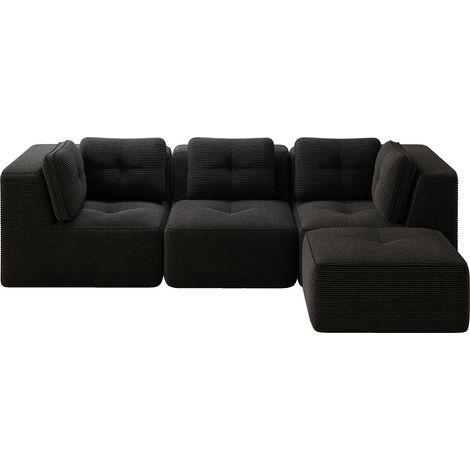 Canapé d'angle modulaire noir 3 places en velours côtelé, avec méridienne, assise profonde 74 cm, sans structure rigide (1/5)