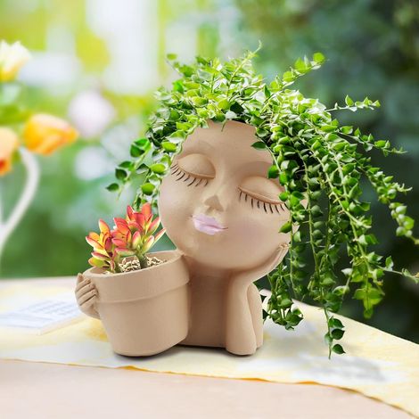 BEBUSINGOTO Maceta con cara de niña - Bonita maceta con forma de cara de mujer para plantas de interior y exterior (color caqui) (1/5)
