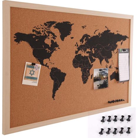 Pannello Bacheca Mappamondo Globo in Sughero Con Cornice 60x40cm + 10 Puntine (1/4)