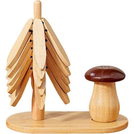 Sapin de Noël Dessous-de-Plat Tapis Pliable avec Support Porte-Dents Set De Dessous-De-Plat En Bois Naturel En Forme D'Arbre Pour Décor Comptoir Table Salle à Manger Cuisine (1/5)