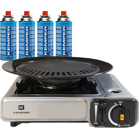 Kemper – Barbecue portable 2en1 réchaud gaz 2200W – Allumage piezo – Grille antiadhésive 33cm – 4 cartouches butane incluses