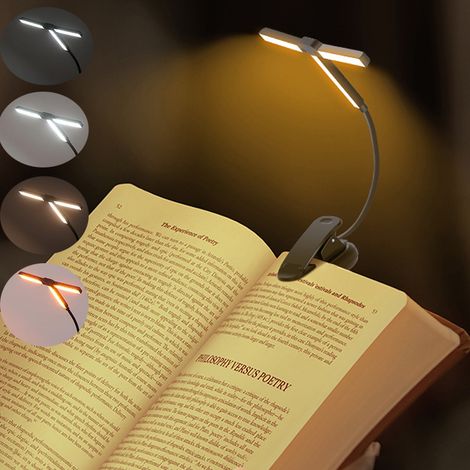 Lampe de lecture LED à trois têtes avec fixation par pince, 4 modes de couleur, lumière de lecture douce pour les yeux, adaptée aux chambres et aux bureaux.
