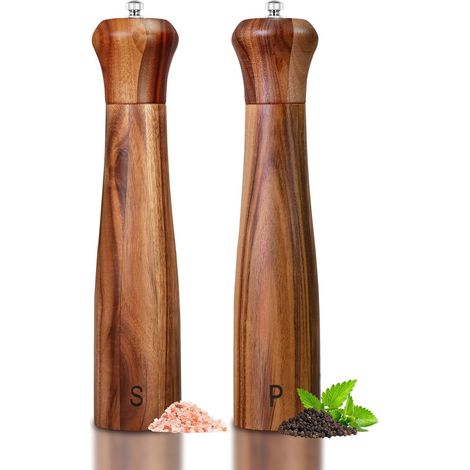 Moulin à Sel et Poivre en Bois d'Acacia - 10 Pouces - Noyau Céramique Réglable - Pour Table - Lot de 2