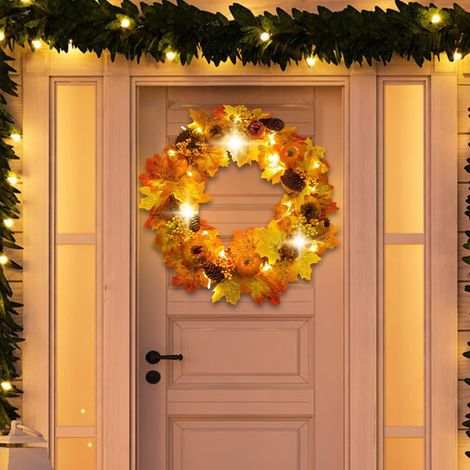 Couronne D Automne - Couronne LED Pré-éclairée 45 cm - Décoration Porte Extérieure Halloween Action De Grâce - Feuilles D Erable Citrouilles Pommes De Pin Baies - 1 Pièce (1/5)