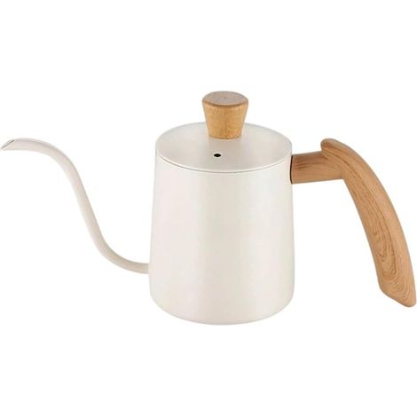 Caffettiera a filtro da 600 ml in acciaio inox con beccuccio lungo e stretto e manico in legno, adatta per la preparazione di caffè e tè - bianca. (1/5)