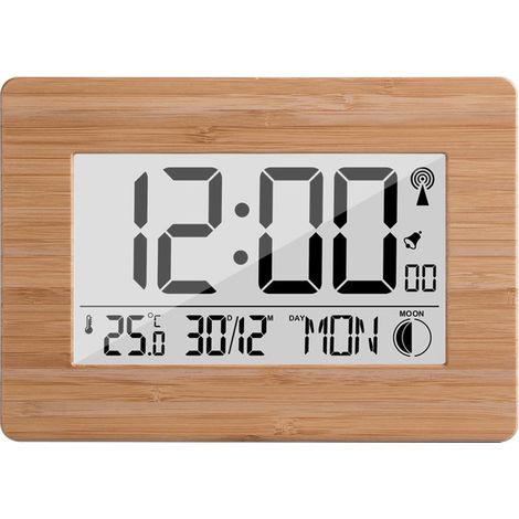 Horloge numérique radiopilotée avec signal horaire, boîtier en bambou véritable, écran LCD, thermomètre, réveil et calendrier. Pile incluse. (1/5)