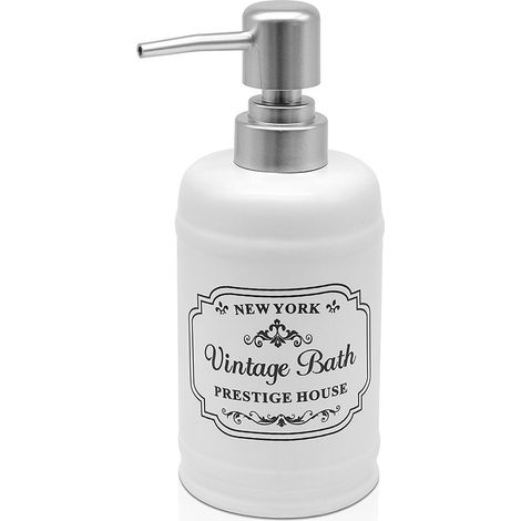Dispenser sapone in ceramica bianca con stampe a contrasto nere stile vintage