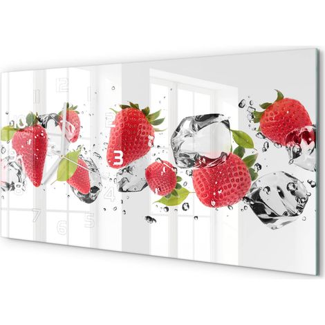 Horloge Murale Salon 60x30 cm Panoramique Verre Trempé Décoration Murale Fraises et eau (1/5)