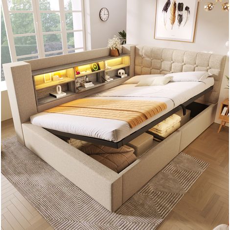 FLORAGRACE Lit coffre 140x190 cm en lin beige avec LED, tête de lit L avec rangements, ports USB-A USB-C (1/5)