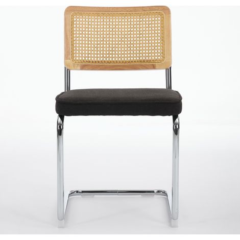 Mid Century Modern Dining Chairs Set of 2, Velvet Accent Chairs with Natural Cane Back & Stainless Chrome Base, Famous Breuer Designed Chairs, Upholstered Rattan Kitchen Chairs, Black, DE1851BK (1/5)