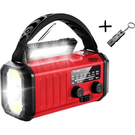 Radio d'urgence solaire – 10 000 mAh – Manivelle – Lampe torche – Sifflet – Kit de survie – Rouge – Modèle 2024 (1/5)