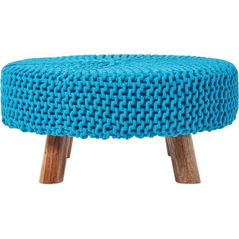 HOMESCAPES Teal Blue Large Round Cotton Knitted Footstool on Legs (1/5)
