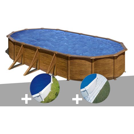 Kit piscine acier aspect bois Gré Pacific ovale 7,44 x 3,99 x 1,22 m + Bâche à bulles + Tapis de sol