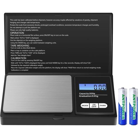 Báscula de precisión Ulisem, 500 g/0,01 g, báscula de cocina, báscula digital portátil de bolsillo con pantalla LCD y función de tara, báscula para joyería, café, etc. (Pilas incluidas) (1/4)