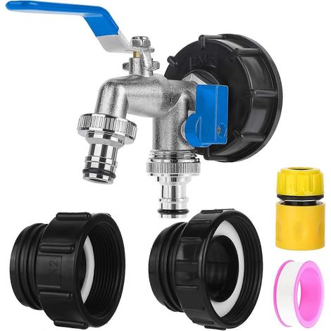 Adaptateur IBC 275-330 gallons avec poignée bleue, trois tailles de filetage (2,44 pouces, filetage fin 2 pouces, filetage grossier 2 pouces), robinet de tuyau à double sortie 1/2 pouce NPT x 3/4 pouc (1/5)