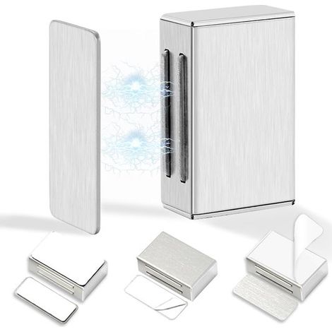 4 serrature magnetiche autoadesive per porte, forza di tenuta 7,7 kg, installazione senza foratura, acciaio inossidabile, argento. Per armadi, guardaroba e cassetti. (1/5)