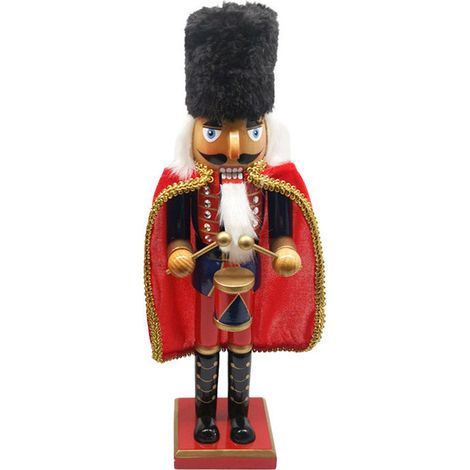 Soldato Schiaccianoci Natalizio H38 cm in Legno con Mantello e Tamburo Rosso e Blu
