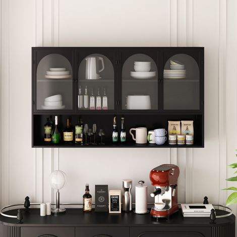 Métal et verre gris Gain de place au sol Armoire murale vitrine 4 portes 120cm Meuble suspendu de rangement salon cuisine (1/5)