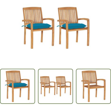 Holzstühle - Gartenstühle 2 Stk. mit Hellblauen Kissen Massivholz Teak (1/5)