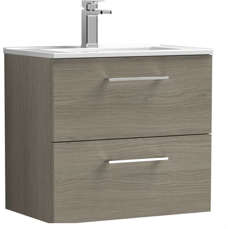 Balterley Bramshall Contemporary Bathroom 2 Soft Close Drawer & Minimalist Wall Hung Vanity Unit Basin, Solace Oak, 600mm