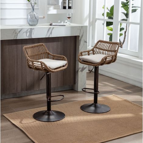 Barhocker 49x48x89-109 cm beige aus Leinen mit 360°-Drehfunktion und Höhenverstellung (1/5)
