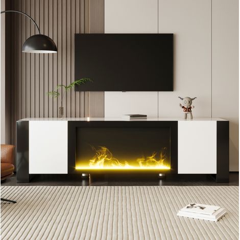 TV-Schrank 165x32x55 cm weiß-schwarz aus Spanplatte mit Elektrokamin und Hochglanzfront (1/5)