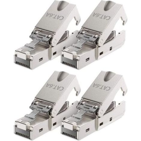 [RJ45 Connecteur] 4x CAT6a Fiche Sans Outil avec LSA pour Câbles Rigides - Métallique Boîtier, Argent (1/4)
