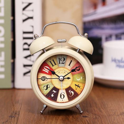 Sveglia per studenti, sveglia per bambini, orologio in metallo creativo e multifunzionale, movimento al quarzo analogico retroilluminato, 8,5 x 12 cm, beige (1/2)