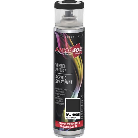 Ambro-Sol V600PAST5 Smalto Acrilico Multiuso, Vernice per Interni ed Esterni, Adatto per Qualsiasi Tipo di Materiale, Bomboletta Spray in Banda Stagnata Riciclabile 600 ml, Ral 9005 Nero Lucido (1/4)
