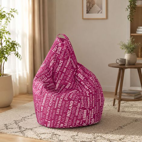 Dmora Poltrona a sacco con fantasia con scritte, colore fuxia e bianco, Misure 80 x 120 x 80 cm, con imballo rinforzato (1/4)