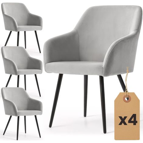 Lot de 4 Chaises en velours lisses ESTELLE Gris pieds noirs (1/5)