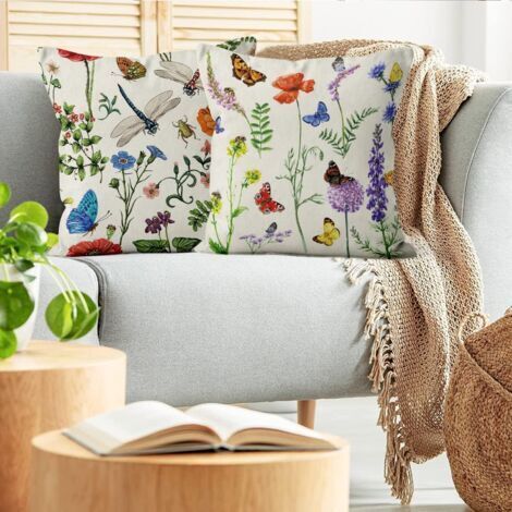 CCYKXA Housse de coussin florale 40x40 cm, lot de 4, fleurs fraîches, feuilles vertes, housses de coussin beiges pour canapé, tissu en lin lavable, housse de coussin (1/4)
