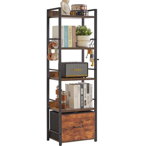 Bibliothèque à Étagères, Bibliothèque Industrielle à 4 Niveaux avec Tiroirs en Tissu, Étagère sur Pied pour Salon, Chambre à Coucher, Cuisine, Bureau, Marron Rustique (1/5)