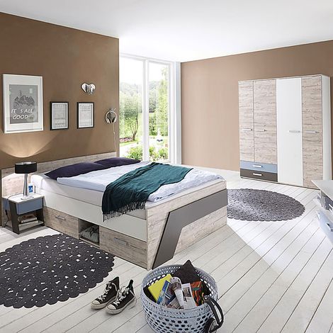 Jugendzimmer Set mit Kojenbett 140x200 cm in Sandeiche Nb. mit weiß, Lava 3-teilig LEEDS-10 und Denim Blau (1/5)