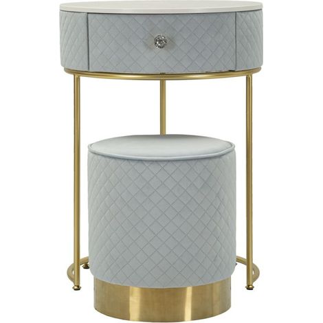 Comodino toletta Vellit celeste con pouf abbinato in velluto matelassé e oro Ø52x70 cm