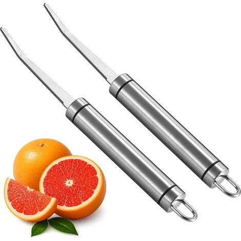 Lot de 2 couteaux a pamplemousse denteles et incurves en acier inoxydable, parfaits pour pamplemousses, oranges, citrons et kiwis, lavables au lave-vaisselle (1/5)