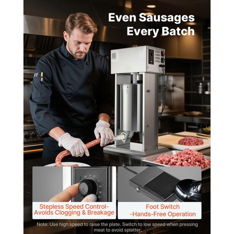Machine à saucisse électrique verticale 12 L acier inox, vitesse variable pédale pied, 4 embouts remplissage, pro et particulier (1/5)
