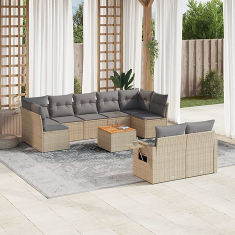 Ensemble Salon Jardin 10 Places Résine Tressée Beige - Canapé d'Angle Modulaire avec Table Acacia et Coussins Gris Lavables (1/4)