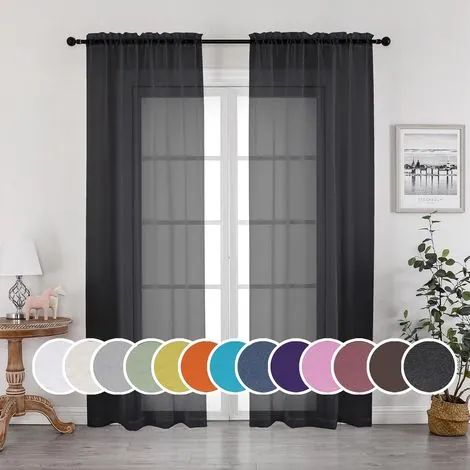 Rideaux voilages noirs, ensemble de 2 panneaux de 213 cm de long, à œillets, pour salon/chambre, 2 pièces, 107 cm de large x 213 cm de long chacune, noirs (1/3)