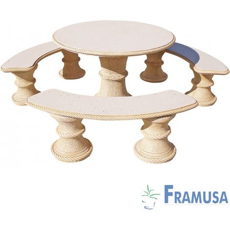 CONJUNTO COMEDOR PIEDRA CIRCULAR JARDIN ABETO PULIDO OCRE
