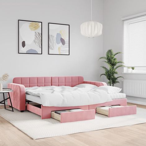 Sofá cama nido con cajones terciopelo rosa 90x200 cm (1/5)
