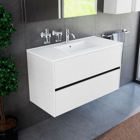 Inda - Badezimmerschrank 100 cm breiter, weißer Diamante Olmo mit 2 Schubladen und Keramikwaschbecken (1/4)