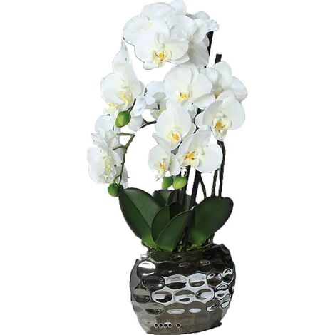 Orchidee artificielle 3 hampes en pot ceramique Argent H 55 cm Crème - couleur: Crème